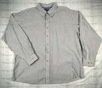 LL Bean Button Down Shirt Tan w/Blue Vertical Striped Men's XXL Reg Fit Cotton - Image 1 of 4