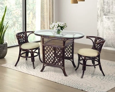 Juego de comedor de ratán hecho a mano Borneo: mesa ovalada con vidrio + 2 sillas, marrón oscuro Foto 1 de 4