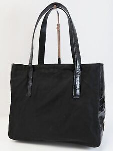 Auth PRADA Black Nylon and Reptile Imprint Leather Shoulder Tote Bag #44984