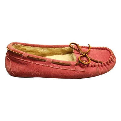 Minnetonka Boat Shoes Womens Size 7 Pink Suede Faux Fur Lining Moc Toe Slip On - Image 1 of 4
