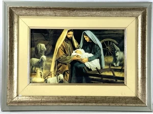 Gerahmter Krippendruck Heilige Familie Jesus Maria Josef Vintage Religiöse Kunst - Bild 1 von 5