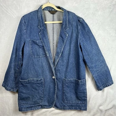 Vintage 90s Eddie Bauer Denim Blazer Womens Large Chore Coat Western Barn Jacket - Image 1 of 4