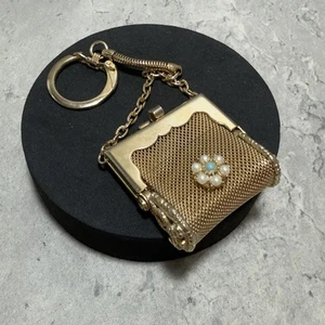 VINTAGE Mini Handtasche Geldbörse Schlüsselanhänger Schlüsselring für Rosenkranz Münzen goldfarben Netz - Bild 1 von 9