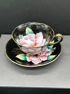 Saji Occupied Japan Footed Teacup & Saucer Fancy China Black Pink Flower VTG MCM - Picture 1 of 24
