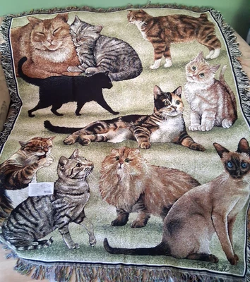 Vintage Pat Cockrell Cat Tapestry Throw Blanket Wall Hanging Cotton USA R8 - Image 1 of 4