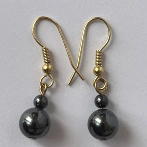 Gold Coated Earrings, Hematite Gemstone 3 and 8mm Beads, Hook Dangle/Drop - Picture 1 of 3