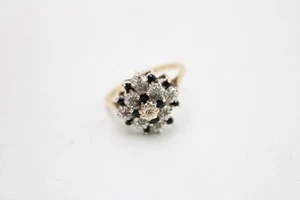 Anillo de vestir vintage de oro de 9 quilates para dama, conjunto ilusión diamantes con zafiros, talla Q - Imagen 1 de 3