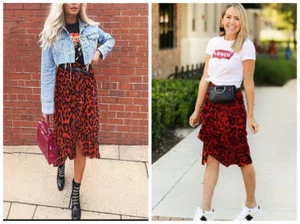 ZARA ASYMMETRICAL RED ANIMAL PRINT LEOPARD RUFFLE MIDI SKIRT 1165/164/600 XS - Picture 1 of 12