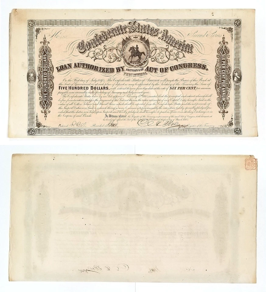 1864 $500 Confederate States Bond Washington & CSA Flags Cr143 - Image 1 of 1