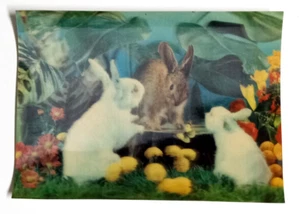 Easter Bunny Rabbits Lenticular Postcard 3D Toppan Japan Flowers Butterfly UNP - Picture 1 of 2
