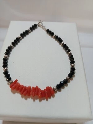 Bracciale Corallo E Onice Nero Innesti Argento 925 - Immagine 1 di 4