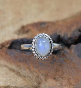 Rainbow Moonstone Ring 925 Sterling Silver Handmade Boho Rings For Women