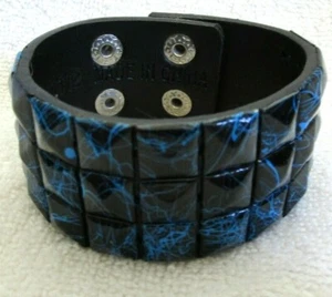 Black with Blue Crack line Checkered Studded Black Leather 9" Bracelet-Brand New - Picture 1 of 3