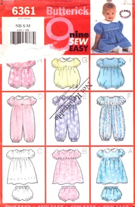 Butterick 6361 ~ Nueve Trajes de Recién Nacidos ~ Vestido-Bragas/Mono-Mameluco-Diadema - Imagen 1 de 6