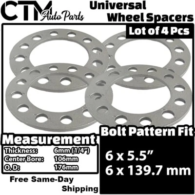 4x 1/4" Thick 6x5.5" (6x139.7mm) Universal Wheel Spacer Silverado Suburban Tahoe - Image 1 of 4