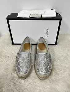 NIB Gucci Espadrilles Heritage Logo Monogram GG Lame Silver Flat 39 - Picture 1 of 10