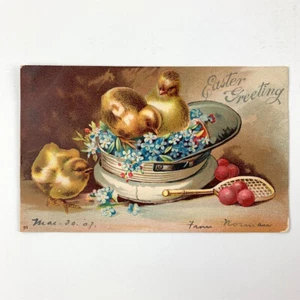 Ostergruß Vintage antike geprägte Postkarte, 3 Küken im Hut, 2c Stempel - Bild 1 von 3