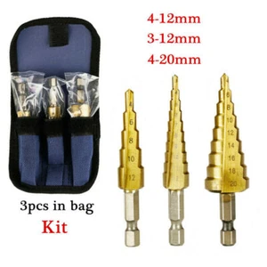 HSS STEP CONE DRILL TITANIUM BIT SET HOLE CUTTER 3PCS + POUCH UK - Picture 1 of 10