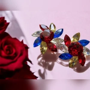 Vintage Crystal Multicolor Cluster Clip On Earrings Made with Swarovski - Picture 1 of 10