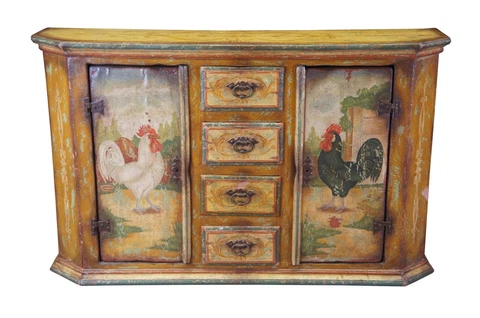 Vintage French Country Farmhouse Hand Painted Rooster Credenza Sideboard Console Cover