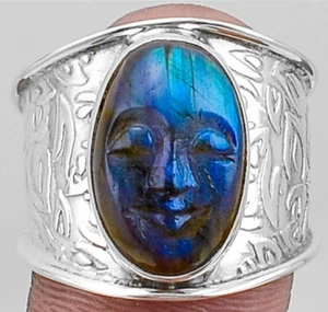 Carved Labradorite Face Moon Sterling Silver Ring Jewelry s.9 - Picture 1 of 1