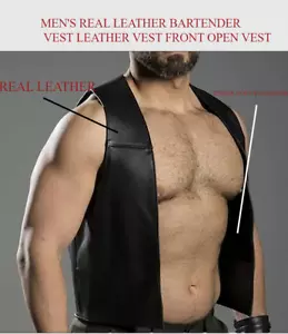 Men's Black Real Leather Bartender Vest Leather Vest Front Open Vest - Picture 1 of 3
