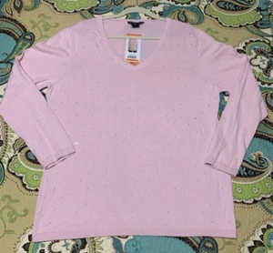 NWT DKNY XXL PINK EMBELLISHED RHINESTONES V NECK PULLOVER SWEATER - Picture 1 of 10