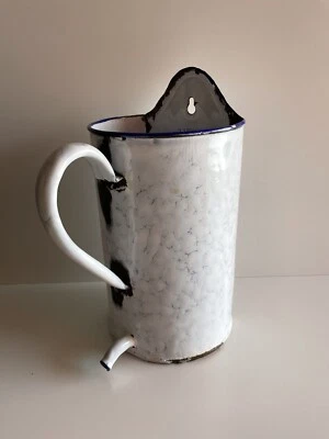 Ancien Pot à Lavement Émaillée Blanc Marbré et Bleu 2 Litres Vintage - Photo 1/4