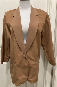 Vintage My Kinda Gal Brown Flocked 1 Button Jacket/Blazer SZ M Shoulder Pads - Picture 1 of 16