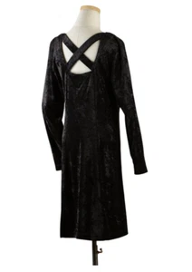 Brett Alixander Vintage Black Crushed Velvet Midi Dress 12 Criss Cross Back Goth - Picture 1 of 13