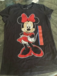 Disney Minnie Mouse Girls Black T-Shirt Red Glitter Bow On Back Child Sz L 10/12 - Picture 1 of 3