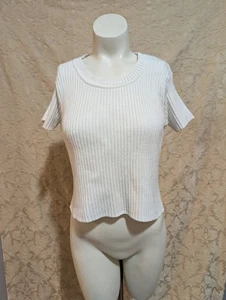 Vintage Knit Office Core Sweater M Crisp White Sweater Fitted Short Sleeve Prep - Picture 1 of 8