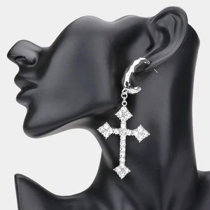 Crystal Silver Dangle Cross Earrings 3.7" Long Pointy Spike Drop Jewelry - Picture 1 of 3