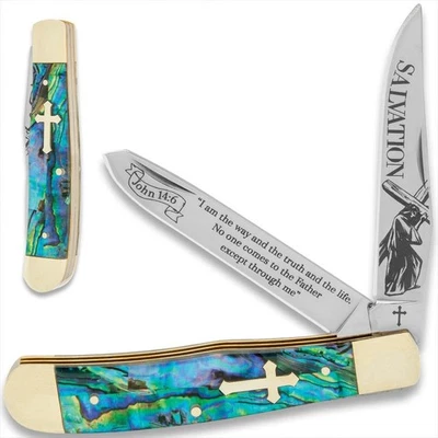 BUDK Salvation Trapper Pocket Knife | Spiritual-Themed Design with Laser Etching | 4"