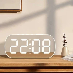 LED Electric Digital Alarm Clock Mains Power Mirror Display Bedroom Bedside UK - Picture 1 of 12