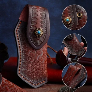 Hand Made Carved Cow Leather Sheath for 5" Folding Knife Cover Pouch Belt Clip - Picture 1 of 9