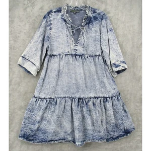 Shannon Passero Dress Small Tiered Babydoll Acid Wash Tencel Denim Tie Ruffle - Picture 1 of 11