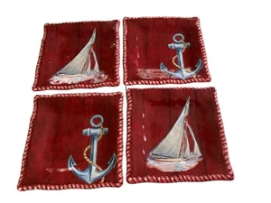 Cynthia Couler 6" Sq SAIL AWAY Red Versatile Melamine Plates Sailboat Anchor VGC - Picture 1 of 2