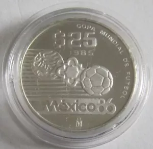 Mexiko 25 Pesos 1985 Fußball-WM Rosette 1/4 Oz Silber PP - Bild 1 von 2