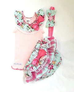 New Baby Green Blue Flowers Pink Bloomers Frilly Ruffles Girls Set Bow Headband - Picture 1 of 1