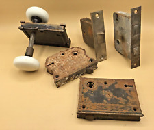 lot of 5 Antique Mortise locks and 1 set of Porcelain Doorknobs - parts repair
