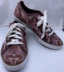 Coach Women 7.5B Signature C Burgundy Wine Monogram Canvas Sneakers Lace Up Shoe - Picture 1 of 12