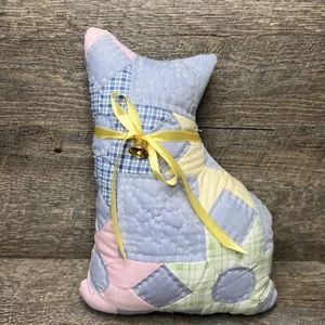 Vintage Patchwork Quilt Cat Stuffed Toy Plush Blue Green Pink w/ Bow & Bell i1 - Picture 1 of 7