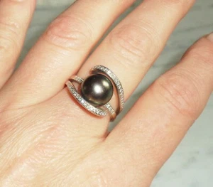 18kt White Gold Tahitian Pearl Diamond 2 Band Ring by Imperial Womens size 8 - Picture 1 of 12