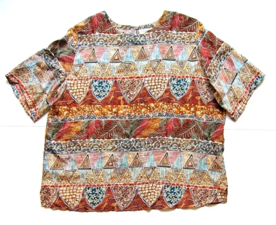 Blusa túnica vintage Valerie Stevens 100 % seda marrón azul floral manga corta 24W Foto 1 de 4