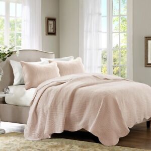 Luxury 3pc Blush Pink Scalloped Edges Coverlet Quilt Set AND Decorative Shams