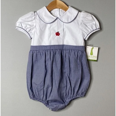 NWT ZUCCINI Girls 4T White/Navy Gingham Embroidered Apple Bubble Romper - Image 1 of 4