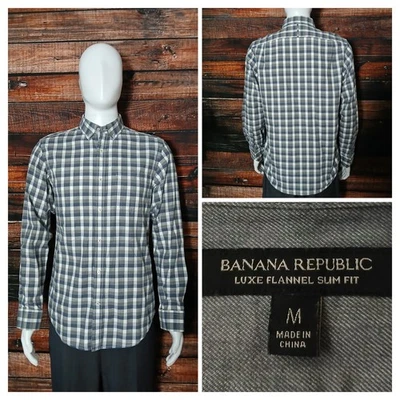 Banana Republic Shirt Mens M Luxe Flannel Slim Fit Gray Blue Gingham Button Up  - Image 1 of 4
