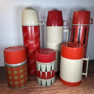 Vintage Stylish 70’s Red Thermos Lot Of 6 Tall & Short Holiday / Cabin Decor - Picture 1 of 20