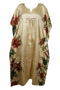 Boho Womens Beige Maxi Kaftan Dress Recycle Silk HI DRAWSTRING Resort Wear 2XL
